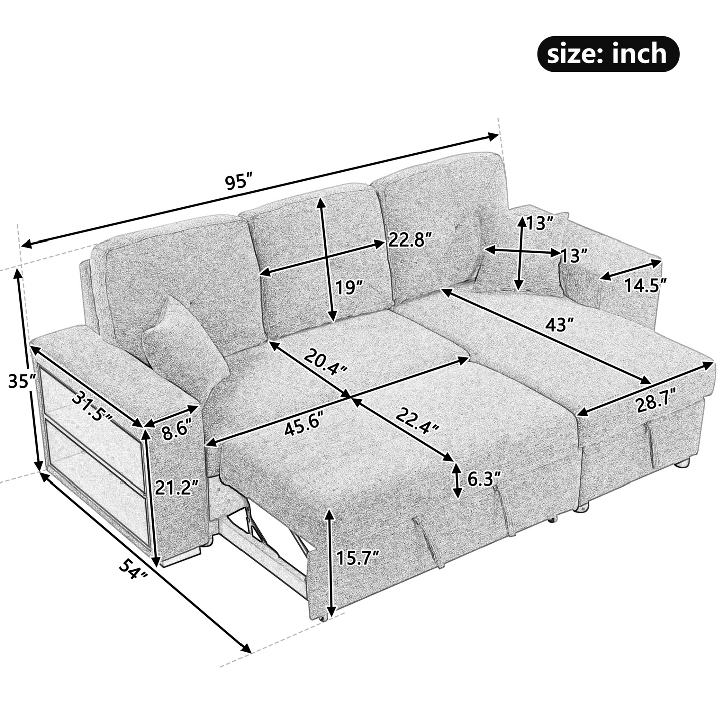 Reversible Sleeper Sectional Sofa Bed with Side Shelf and 2 Stools,Pull-Out L-Shaped Sofa Bed,Corner Sofa-Bed with Storage Chaise Left/Right Hande for Living Room,Blue Black