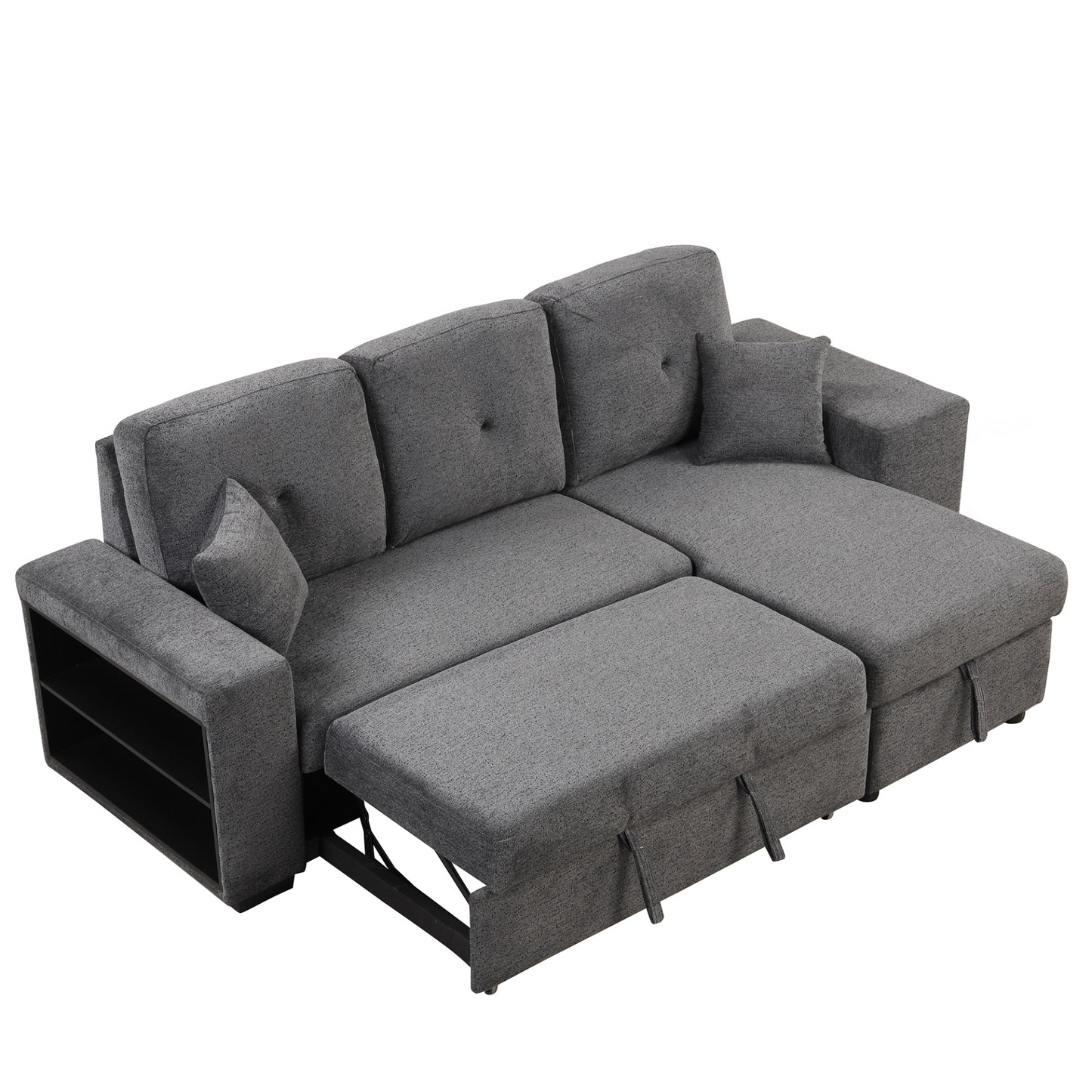 Reversible Sleeper Sectional Sofa Bed with Side Shelf and 2 Stools,Pull-Out L-Shaped Sofa Bed,Corner Sofa-Bed with Storage Chaise Left/Right Hande for Living Room,Blue Black